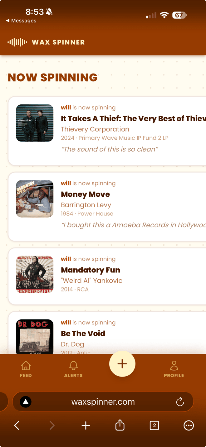 The Wax Spinner community feed on mobile